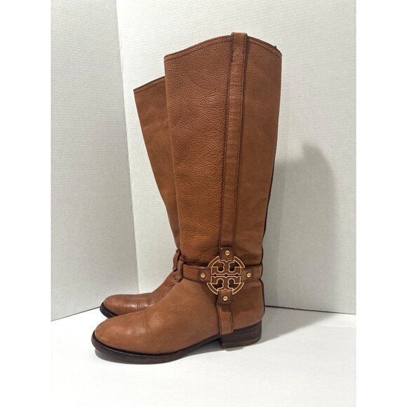 Tory Burch Brown Leather Tall Riding Women’s Boots Shoes Size 7 logo accent - Picture 1 of 12